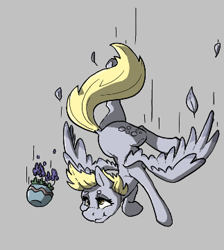 Size: 323x361 | Tagged: safe, derpy hooves, pegasus, pony, aggie.io, dock, falling, feather, female, flower, flower pot, mare, simple background, spread wings, wings