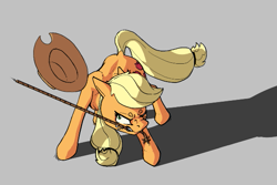 Size: 581x388 | Tagged: safe, applejack, earth pony, pony, aggie.io, dock, female, frown, hat, mare, mouth hold, rope, simple background