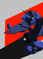 Size: 300x407 | Tagged: safe, princess luna, alicorn, pony, aggie.io, female, looking back, mare, simple background, sitting, smiling, spread wings, wings