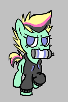 Size: 134x199 | Tagged: safe, artist:horsepen, oc, oc only, earth pony, pony, aggie.io, clothes, female, filly, lowres, mare, mouth hold, raised hoof, simple background, smiling, spray paint, sweatshirt
