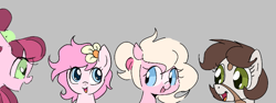 Size: 710x267 | Tagged: safe, artist:dotkwa, artist:horsepen, artist:parfait, oc, oc only, oc:dotmare, oc:kayla, oc:penny, pony, aggie.io, female, happy, mare, open mouth, simple background, smiling