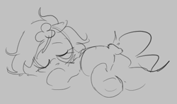 Size: 460x272 | Tagged: safe, artist:parfait, oc, oc only, oc:kayla, pony, aggie.io, eyes closed, female, filly, lying down, mare, monochrome, simple background, sleeping