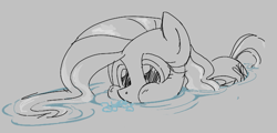 Size: 697x334 | Tagged: safe, artist:dotkwa, fluttershy, pegasus, pony, aggie.io, bubble, cheek bulge, female, mare, monochrome, simple background, water, wet