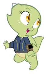 Size: 600x933 | Tagged: safe, artist:ponygamer2020, imported from derpibooru, oc, oc only, oc:jade, dragon, fallout equestria, absurd resolution, baby, baby dragon, clothes, fallout, female, horn, jumpsuit, looking at you, pipboy, simple background, smiling, smiling at you, solo, tail, transparent background, vault suit, vector, wings