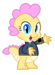 Size: 1280x1745 | Tagged: safe, artist:ponygamer2020, imported from derpibooru, oc, oc only, oc:buttercream, oc:buttercream the dragon, dragon, fallout equestria, absurd resolution, baby, baby dragon, clothes, fallout, female, horn, jumpsuit, looking at you, pipboy, simple background, smiling, smiling at you, solo, tail, transparent background, vault suit, vector, waving, waving at you, wings