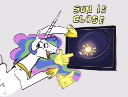 Size: 4009x3034 | Tagged: safe, artist:alumx, imported from derpibooru, princess celestia, alicorn, pony, earth, female, gray background, hand, magic, magic hands, mare, open mouth, open smile, orbit, perihelion, pointing, screen, simple background, smiling, solo, sun