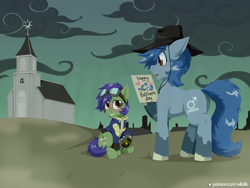 Size: 1600x1200 | Tagged: safe, artist:willoillo, imported from derpibooru, oc, oc only, oc:p-21, oc:scotch tape, earth pony, pony, fallout equestria, fallout equestria: project horizons, blushing, butt, church, clothes, commission, cowboy hat, fanfic art, father's day, goggles, goggles on head, hat, jumpsuit, pipboy, pipbuck, plot, sitting, vault suit