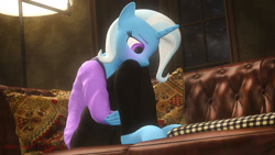 Size: 1280x720 | Tagged: safe, artist:mod-madclicker, imported from derpibooru, trixie, anthro, unguligrade anthro, unicorn, 3d, blushing, clothes, cute, diatrixes, female, horn, pants, shirt, sitting, solo