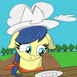 Size: 4000x4000 | Tagged: safe, artist:grassy blade, imported from derpibooru, fiddlesticks, earth pony, pony, absurd resolution, apple, apple family member, apple tree, cowboy hat, female, floppy ears, food, frown, hat, mare, outdoors, plate, sad, signature, solo, tree