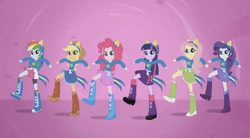 Size: 828x458 | Tagged: safe, imported from derpibooru, screencap, applejack, fluttershy, pinkie pie, rainbow dash, rarity, twilight sparkle, human, equestria girls, equestria girls (movie), boots, clothes, cowboy boots, high heel boots, humane five, humane six, shirt, shoes, skirt, socks, solo