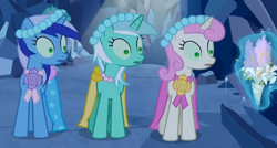 Size: 518x277 | Tagged: safe, edit, edited screencap, imported from derpibooru, screencap, lyra heartstrings, minuette, twinkleshine, pony, unicorn, a canterlot wedding, season 2, bouquet, bouquet of flowers, bridesmaid, bridesmaid dress, clothes, crystal caverns, dress, female, flower, horn, magic, mare, mind control, youtube link