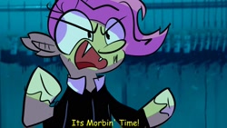 Size: 2000x1125 | Tagged: safe, artist:eveeyuwu, imported from derpibooru, fluttershy, bat pony, pony, bat ponified, comic sans, dialogue, flutterbat, it's morbin time, meme, morbius, open mouth, race swap, solo