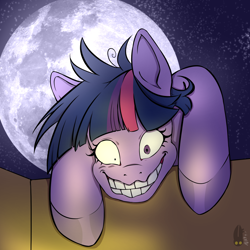 Size: 1446x1446 | Tagged: safe, artist:natt333, imported from derpibooru, twilight sparkle, earth pony, pony, earth pony twilight, insanity, moon, race swap, signature, sky, solo, stars, twilight snapple