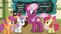 Size: 1280x720 | Tagged: safe, artist:mlplary6, imported from derpibooru, apple bloom, cheerilee, scootaloo, sweetie belle, earth pony, pegasus, pony, unicorn, apple, book, chalkboard, cutie mark crusaders, female, filly, foal, food, friends, group, mare, quartet, smiling, teacher