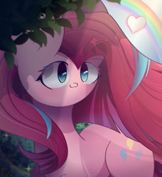 Size: 2100x2300 | Tagged: safe, artist:miryelis, imported from derpibooru, pinkie pie, earth pony, pony, big eyes, blushing, cute, cuteamena, female, heart, leaves, long hair, pinkamena diane pie, rainbow, shadow, signature, smiling, solo