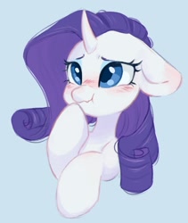 Size: 902x1070 | Tagged: safe, artist:melodylibris, imported from derpibooru, rarity, pony, unicorn, blue background, blushing, bust, cute, ear blush, female, floppy ears, hoof on chin, mare, raribetes, scrunchy face, simple background, solo, stifling laughter, wavy mouth