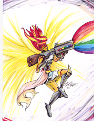 Size: 1280x1657 | Tagged: safe, artist:masterdarhil, imported from derpibooru, sunset shimmer, human, equestria girls, blood, cannon, daydream shimmer, fanfic art, injured, marker drawing, traditional art