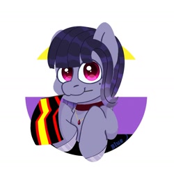 Size: 1640x1639 | Tagged: safe, artist:bluemoon, imported from derpibooru, oc, oc:salacious allusion, pegasus, pony, chibi, collar, jewelry, looking at you, mouth hold, necklace, nonbinary, pegasus oc, pride flag, pride month, rubber pride flag, simple background, solo, white background