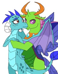 Size: 624x796 | Tagged: safe, artist:ashi, imported from derpibooru, princess ember, thorax, anthro, changedling, changeling, dragon, dragoness, embrax, eye contact, female, g4, interspecies, king thorax, looking at each other, male, shipping, simple background, spoilers for another series, straight, white background