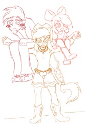 Size: 600x905 | Tagged: safe, artist:noupu, imported from derpibooru, apple bloom, applejack, big macintosh, human, equestria girls, apple siblings, apple sisters, brother and sister, carrying, female, male, monochrome, siblings, sisters, sketch, trio