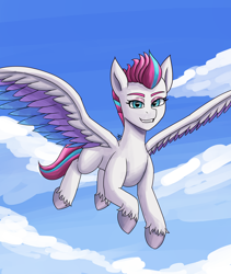 Size: 1600x1900 | Tagged: safe, artist:zachc, imported from derpibooru, zipp storm, pegasus, pony, concave belly, female, flying, g5, looking at you, mare, sky, slim, solo, spread wings, thin, wings