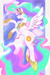 Size: 4049x6000 | Tagged: safe, artist:rirurirue, imported from derpibooru, princess celestia, alicorn, pony, butt, crown, ethereal mane, ethereal tail, female, flying, hoof shoes, horn, jewelry, looking at you, looking back, looking back at you, mare, peytral, plot, ponybooru import, profile, regalia, side view, smiling, solo, spread wings, tail, wings