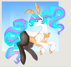 Size: 2048x1938 | Tagged: safe, artist:rirurirue, imported from derpibooru, princess celestia, alicorn, pony, alternate hairstyle, bowtie, bunny ears, bunny suit, bunnylestia, clothes, cuffs (clothes), female, horn, leotard, mare, pantyhose, playboy bunny, ponybooru import, ponytail, pretty, profile, side view, smiling, solo, wings