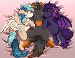 Size: 3080x2408 | Tagged: safe, artist:pridark, imported from derpibooru, oc, oc only, oc:peacher, oc:scorched earth, bat pony, pegasus, bat pony oc, cheek kiss, commission, female, high res, kiss sandwich, kissing, lucky bastard, male, pegasus oc, trio