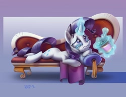 Size: 2048x1575 | Tagged: safe, artist:brdte, imported from derpibooru, rarity, pegasus, pony, comfort eating, crying, eating, fainting couch, female, food, glowing, glowing horn, horn, ice cream, levitation, lying down, magic, makeup, mare, marshmelodrama, prone, rarity being rarity, running makeup, solo, telekinesis, wavy mouth