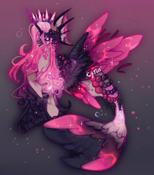 Size: 1280x1452 | Tagged: safe, artist:taikasykes, imported from derpibooru, oc, oc only, alicorn, hybrid, merpony, seapony (g4), adoptable, bubble, ethereal mane, female, fin wings, fins, fish tail, flowing tail, jewelry, looking at you, mare, necklace, ocean, open mouth, pearl necklace, pink mane, seaponified, signature, simple background, smiling, smiling at you, solo, sparkles, species swap, starry mane, starry wings, swimming, tail, teeth, underwater, water, wings