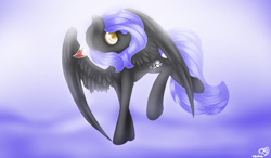 Size: 985x577 | Tagged: safe, artist:prettyshinegp, imported from derpibooru, oc, oc only, oc:cloudy night, pegasus, pony, female, flying, looking back, mare, pegasus oc, signature, solo, wings