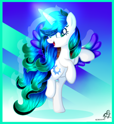 Size: 784x857 | Tagged: safe, artist:prettyshinegp, imported from derpibooru, oc, oc only, pony, abstract background, base used, eyelashes, female, glowing, glowing horn, horn, mare, rearing, signature, solo