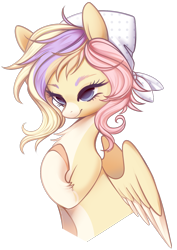 Size: 1010x1424 | Tagged: safe, artist:dammmnation, imported from derpibooru, oc, oc only, pegasus, pony, bust, clothes, colored hooves, eyelashes, female, headscarf, hoof on chest, mare, pegasus oc, scarf, simple background, smiling, solo, transparent background, wings