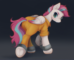 Size: 3319x2680 | Tagged: safe, artist:kotletova97, imported from derpibooru, zipp storm, pegasus, pony, bound wings, butt, clothes, cuffed, cuffs, g5, looking back, plot, prison outfit, prisoner, solo, wings, zippbutt