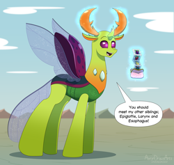 Size: 3800x3600 | Tagged: safe, artist:aarondrawsarts, imported from derpibooru, pharynx, thorax, oc, changedling, changeling, changeling oc, commission, commissioner:reversalmushroom, dialogue, king thorax, magic, male, prince pharynx, pun, siblings, wallet