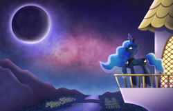 Size: 7900x5100 | Tagged: safe, artist:aarondrawsarts, imported from derpibooru, princess luna, alicorn, absurd file size, absurd resolution, balcony, commission, commissioner:reversalmushroom, female, magic, moon, mountain, night, solo