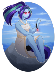 Size: 2335x3082 | Tagged: safe, artist:purplegrim40, imported from derpibooru, oc, oc only, anthro, unguligrade anthro, bare shoulders, clothes, disguise, disguised siren, female, jewelry, necklace, outdoors, simple background, siren oc, sitting, sleeveless, transparent background
