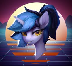 Size: 3045x2800 | Tagged: safe, artist:dacsy, imported from derpibooru, oc, oc:flawless ice, pony, unicorn, bust, looking at you, portrait, retrowave, solo