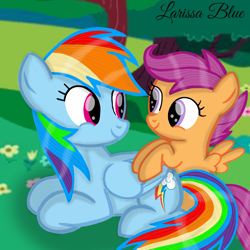 Size: 720x720 | Tagged: safe, artist:mlplary6, imported from derpibooru, rainbow dash, scootaloo, pegasus, pony, female, filly, foal, looking at each other, looking at someone, mare, scootalove, sibling love, siblings, sisters, smiling, smiling at each other