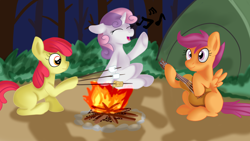 Size: 1920x1080 | Tagged: safe, artist:jbond, imported from derpibooru, apple bloom, scootaloo, sweetie belle, earth pony, pegasus, pony, unicorn, bonfire, campfire, cutie mark crusaders, dexterous hooves, eyes closed, female, filly, fire, foal, food, forest, guitar, marshmallow, musical instrument, night, note, open mouth, redraw, singing, tent, tongue out, tree, tree branch, trio