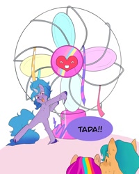 Size: 959x1199 | Tagged: safe, artist:aztrial, imported from derpibooru, part of a set, hitch trailblazer, izzy moonbow, sunny starscout, earth pony, pony, unicorn, alternate hairstyle, bipedal, cute, fan, female, g5, izzybetes, male, mare, melting, open mouth, ponytail, simple background, stallion, ta-da!, uni-cycling, unshorn fetlocks, white background