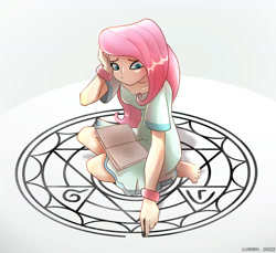 Size: 1280x1172 | Tagged: safe, artist:lummh, imported from derpibooru, fluttershy, human, barefoot, commission, crossover, feet, female, fullmetal alchemist, humanized, magic, magic circle, simple background, sitting, solo, this will end in tears