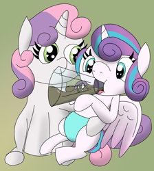 Size: 3360x3744 | Tagged: safe, artist:grassy blade, imported from derpibooru, princess flurry heart, sweetie belle, oc, oc:violent tendency, alicorn, pony, unicorn, baby, baby pony, bottle feeding, female, filly, filly pred, foal, imminent vore, terrifying, unaware, unaware vore