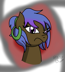Size: 2988x3282 | Tagged: safe, artist:grassy blade, imported from derpibooru, oc, oc:violent tendency, bust, ear piercing, earring, frown, hooped earrings, piercing, ponytail, resting bitch face, signature