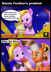Size: 1920x2716 | Tagged: safe, artist:leonkay, imported from derpibooru, pegasus, pony, breaking news, comic, dazzle feather, dialogue, female, g5, implied queen haven, male, mare, my little pony: a new generation, news, news pony, pun, silly, silly pony, skye silver, solo, stallion, tangled up, television, tied in a knot, tongue out, tongue twister, zbs