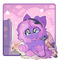 Size: 2043x2109 | Tagged: safe, artist:oofycolorful, imported from derpibooru, oc, oc only, oc:lillybit, earth pony, pony, adorkable, bow, clothes, controller, crt, cute, dork, female, gaming, gaming headset, headphones, headset, ocbetes, ribbon, smiling, socks, solo, striped socks, television