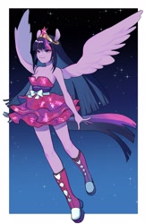 Size: 1327x2048 | Tagged: safe, artist:ikirunosindo, imported from derpibooru, twilight sparkle, human, equestria girls, equestria girls (movie), bare shoulders, big crown thingy, clothes, converse, dress, element of magic, fall formal outfits, female, jewelry, paraskirt, ponied up, regalia, shoes, simple background, sleeveless, solo, strapless, white background, wings