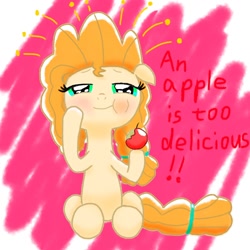 Size: 1500x1500 | Tagged: safe, artist:spahiro7, imported from derpibooru, pear butter, earth pony, pony, apple, blushing, female, filly, foal, food, solo, text, younger