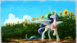 Size: 1920x1080 | Tagged: safe, artist:plainoasis, imported from derpibooru, princess celestia, alicorn, pony, blue sky, clothes, cloud, dirt, female, field, flower, flowing tail, happy, horn, missing accessory, multicolored hair, painting, path, plant, puddle, purple eyes, raised hoof, sandals, scarf, shoes, smiling, solo, spread wings, summer, sunflower, tail, wings