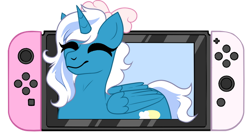 Size: 600x317 | Tagged: safe, artist:starthebean, imported from derpibooru, oc, oc:fleurbelle, alicorn, alicorn oc, bow, controller, female, game, hair bow, horn, mare, nintendo, nintendo switch, simple background, smiling, transparent background, wings